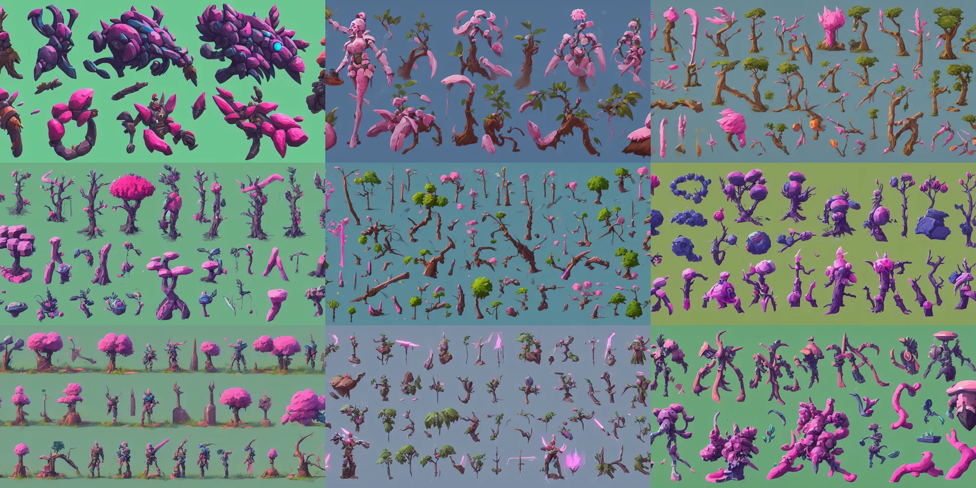 Prompt: game asset of plant and tree, in gouache detailed paintings, props, stylized, 2 d sprites, kitbash, side view, photobash, arcane, overwatch, blue and pink color scheme, 8 k, close up