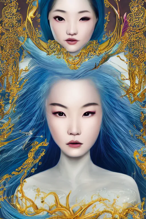 Image similar to a beautiful young asian woman, Queen of the Sea Mu Yanling, long flowing white hair, blue yellow robe with wide feather like quality, water flowing and floating around, young female face, liquid magic, cinematic top lighting, insanely detailed and intricate, face by wlop, Charlie Bowater, golden ratio, symmetric, elegant, ornate, luxury, elite, matte painting, MTG, magic the gatheing, cinematic, cgsociety, 8k, high resolution,