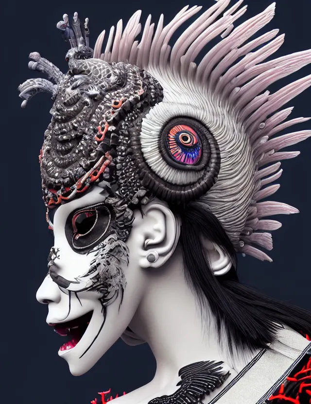 Image similar to 3 d goddess close - up profile simple portrait punk with mohawk with ram skull. beautiful intricately detailed japanese crow kitsune mask and clasical japanese kimono. betta fish, jellyfish phoenix, bio luminescent, plasma, ice, water, wind, creature, artwork by tooth wu and wlop and beeple and greg rutkowski