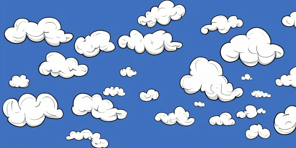 Prompt: flat cel shaded cartoon, curled blue sky fluffy curled clouds, smoke shaped clouds