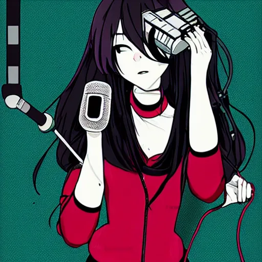 Image similar to hatsune mikue in a sweater rapper with microphone dark art