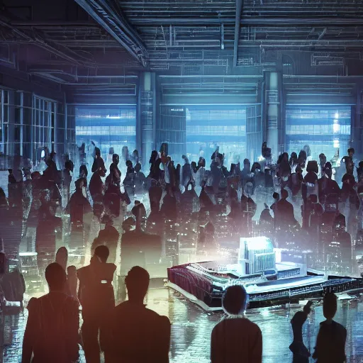 Prompt: large group people in a huge warehouse, looking at hologram of futuristic city on a table | cinematic concept art | sunlight godrays | 4 k | clear details | tabletop model | tabletop model | hologram foreground