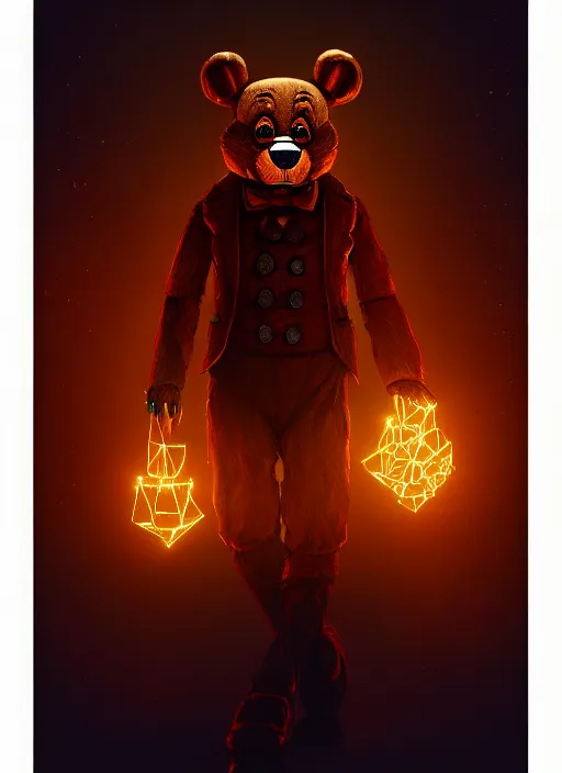 Image similar to freddy fazbear, intricate, elegant, glowing lights, highly detailed, digital painting, artstation, concept art, sharp focus, illustration, art by wlop, mars ravelo and greg rutkowski