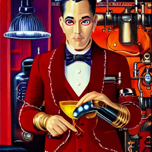 Image similar to portrait of a male cyborg bartender, chinese, slick brushed - back hair, half - robot half - human, red velvet mao suit, golden ascot, steampunk monocle, in a dark bar lit by floating lights, post - impressionist