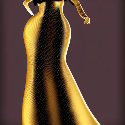 Prompt: curvy feminine hot goth cutie with sublime modest elegant patterned gold-black snakeskin leather neck-high gown, cgsociety, photorealistic, comfy ambience, idealistic, 16k, smooth, sharp focus, trending on ArtStation, volumetric lighting, fully clothed, worksafe