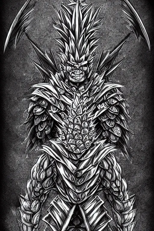 Image similar to screeching pineapple humanoid figure monster wearing themed armour, symmetrical, highly detailed, digital art, sharp focus, trending on art station, kentaro miura manga art style