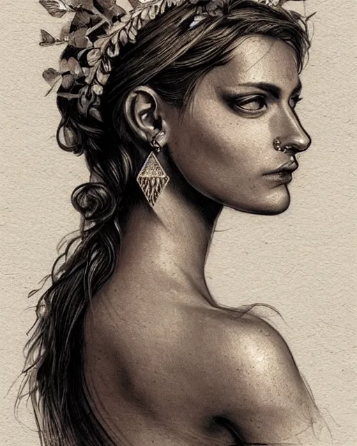 Image similar to realism tattoo sketch of a beautiful greek goddess aphrodite with piercing eyes wearing a laurel wreath and triangle earrings, in the style of greg rutkowski, amazing detail