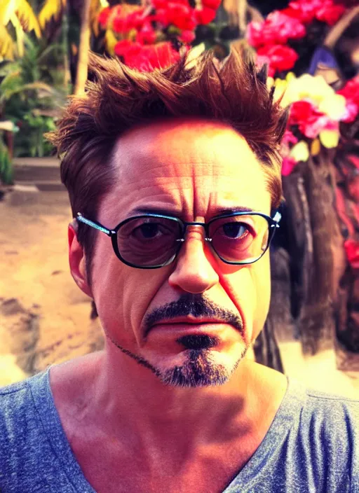 Image similar to a full portrait photo of robert downey jr holiday in bali, f / 2 2, 3 5 mm, 2 7 0 0 k, lighting, perfect faces, award winning photography.