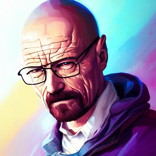 Prompt: high quality illustration, walter white realistic portrait, cyberpunk colors, vaporwave, retro, neotrad, lois van baarle, moebius, digital painting, james jean