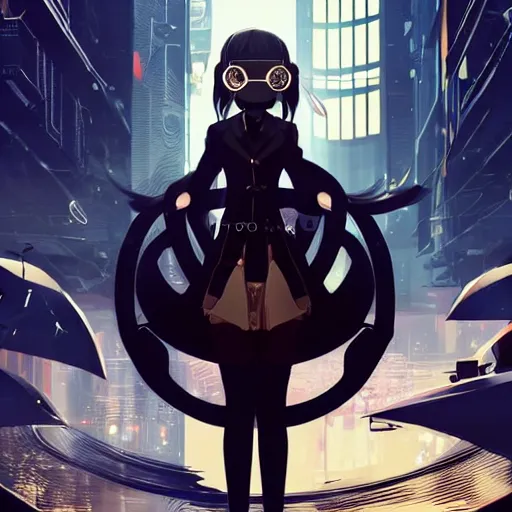 Image similar to luxury advertisement, black and golden colors. highly detailed post-cyberpunk sci-fi close-up schoolgirl in asian city in style of cytus and deemo, mysterious vibes, by Ilya Kuvshinov, by Greg Tocchini, nier:automata, set in half-life 2, beautiful with eerie vibes, very inspirational, very stylish, surrealistic, perfect digital art, mystical journey in strange world, bastion game