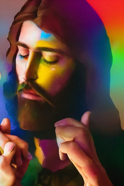 Image similar to portrait photography, jesus smoking a blunt, colorful, drmatic lighting