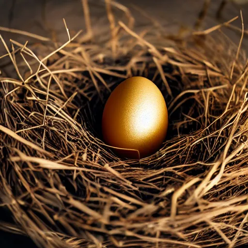 Image similar to a golden egg in a nest, studio shot, cinematic lighting, award winning, photography, 8 k