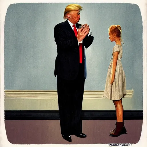 Image similar to “Donald Trump, looking at the camera, crying, in the style of Norman Rockwell”