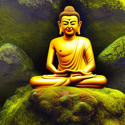 Prompt: a dreamy amitabha buddha meditating in a lush jurassic landscape, mossy rocks, sheet lightening 4 k, hyper realistic, in he style of national geographic, coherent design, symmetrical, vivid colour, complementary colour, golden ratio, detailed, sharp lines, intricate, rainbow shift, in unreal 3 d engine, ray tracing, octane render