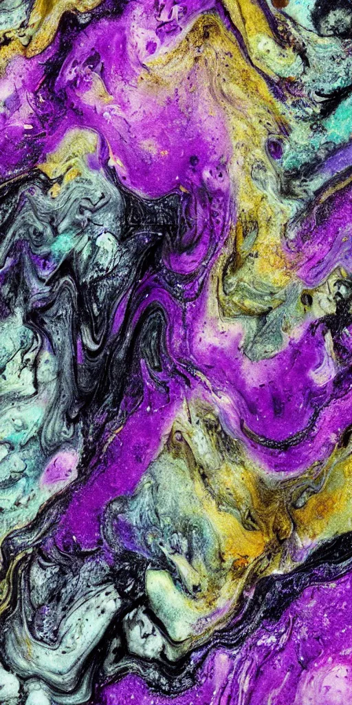 Image similar to beautiful liquid marble texture with big oil bubbles. harmonic chromatic black tones coloured abstraction with purple splashes. ultradetailed realistic art