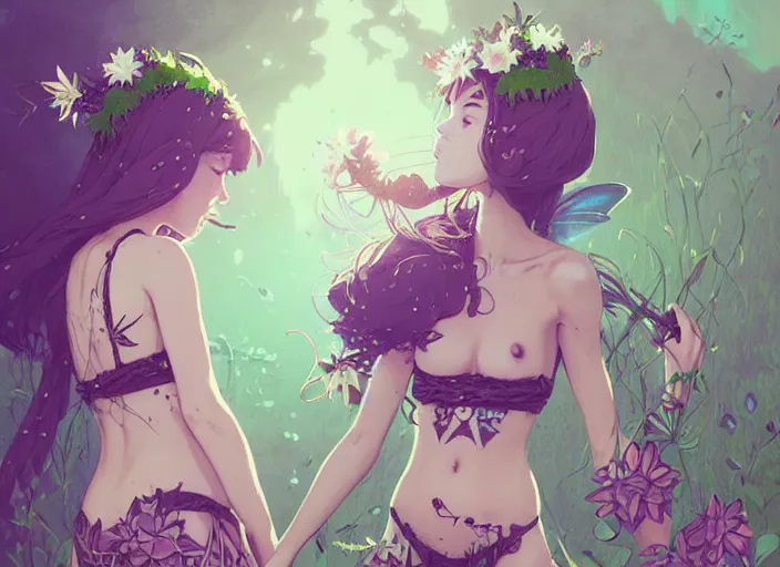 Image similar to two cute fairy girls with crown of flowers in plants bikini covered with celtic rune tattoos, fantasy, by atey ghailan, by greg rutkowski, by greg tocchini, by james gilleard, by joe gb fenton, by in kaethe butcher, dynamic lighting, gradient light green, brown, blonde cream and white color in scheme, grunge aesthetic