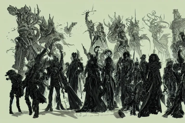 Prompt: an intricate and dramatic sketch of a small group of men and women who are the shadow rulers of the world, having a party, hyperdetailed, 80mm lens, by Greg Rutkowski and guweiz, white ink sketch on black paper