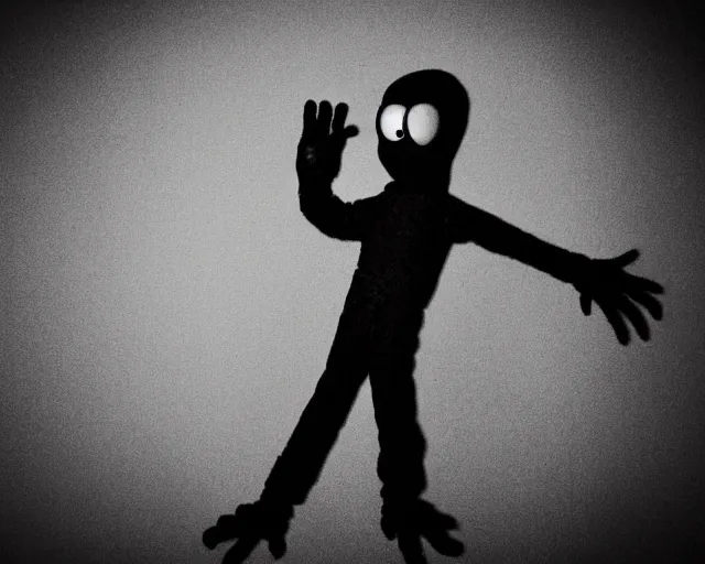 Prompt: scary elmo with long, slim, gangly arms, horror, slenderman, terror, night cam footage, monochrome, red and black