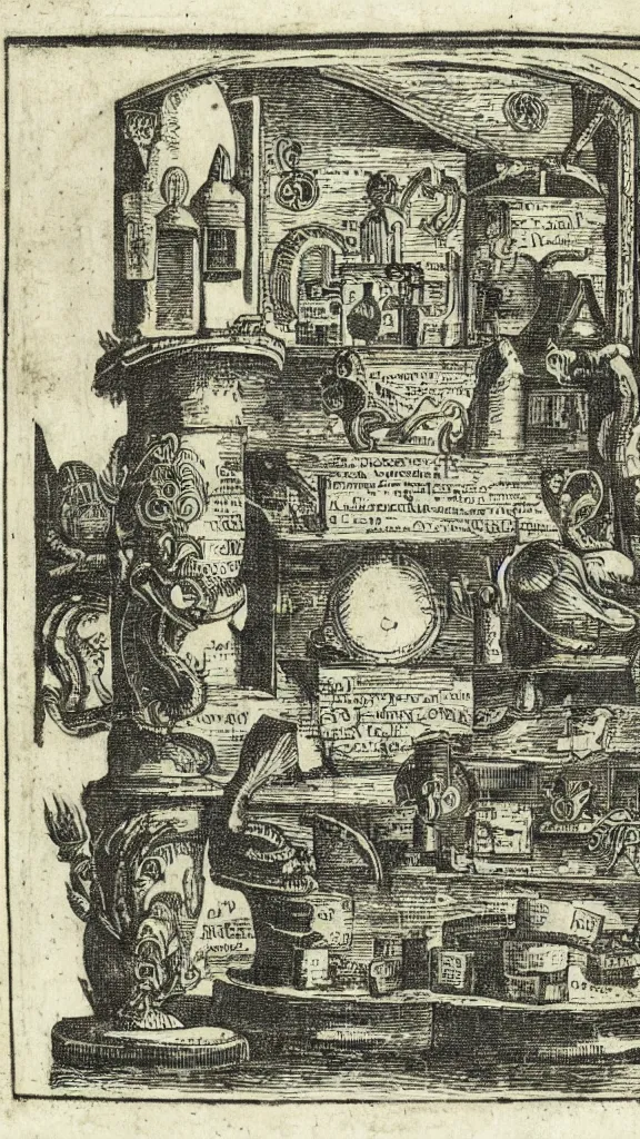 Image similar to esoteric etching print of an alchemists laboratory, amphitheatrum sapientiae aeternae, 1 5 9 5