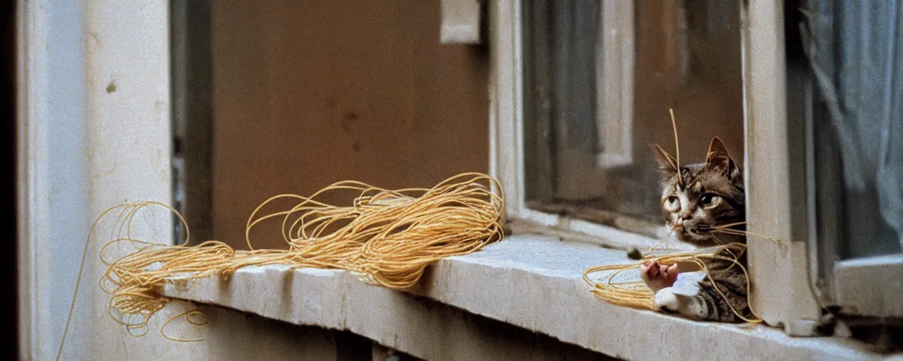 Image similar to a cat playing with spaghetti on a windowsill, city apartment, small details, intricate, sharply focused, canon 5 0 mm, wes anderson film, kodachrome