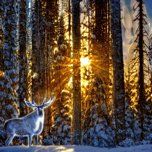 Prompt: snowflake in front of pinetree forrest behind moose, realistic, golden hour, hdr lights