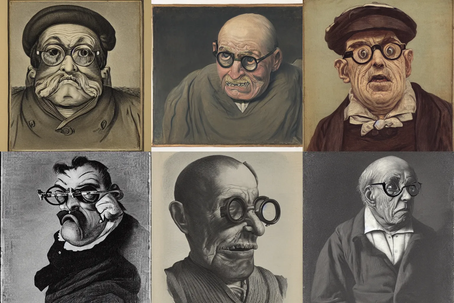 Prompt: portrait of a grotesque, bitter, elderly sailor wearing oversized spectacles, 1887