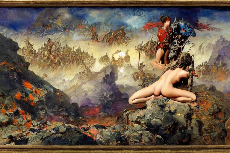 Image similar to a beautiful painting of a rocky landscape covered with bodies of medieval soldiers in shiny armors, dawn, by Frank Frazetta, by Georgia o keeffe, by Gustave Moreau