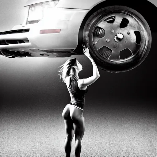 Prompt: car, bodybuilder, woman, holding, photo, digital art, hands, underbody, throw, tire, standing, floor