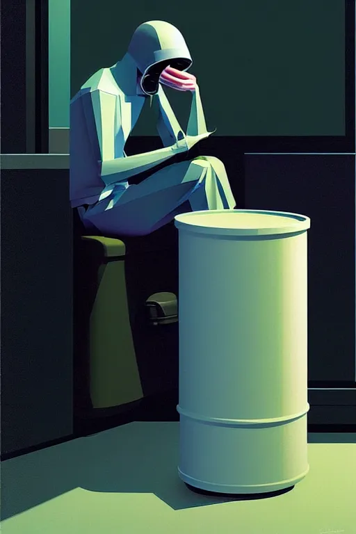 Prompt: the trashcan is actually a person, a hacker wearing oculus and digital glitch head edward hopper and james gilleard zdzislaw beksisnski higly detailed