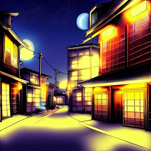 Prompt: anime tokyo residential quiet street scenery only wallpaper, nighttime moonlight scene, aesthetic, beautiful