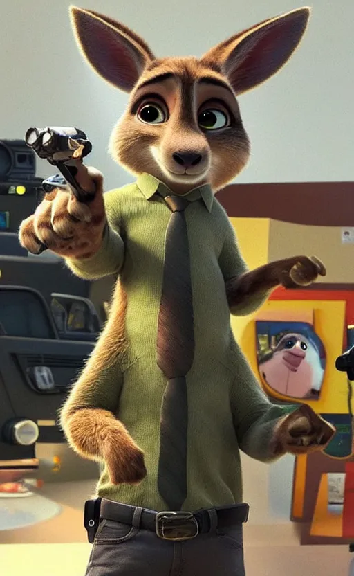 Image similar to “kangaroo in the style of the movie zootopia holding a laser gun and pointing it at the the camera”