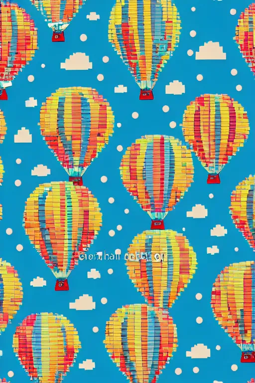 Image similar to repeating seamless retro pixel pattern of hot air balloons in beautiful sky, colourful, symmetrical, repeating 35mm photography, ultra fine detail, 4k high definition, bold