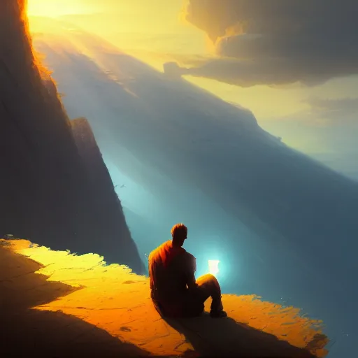 Image similar to a man sitting on a cliff watching the sun explode, painting, digital art, harsh lighting, 4 k hd wallpaper, trending on art station, art by greg rutkowski and andreas rocha 4 k