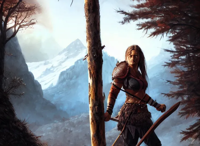 Image similar to a warrior, female, she carries an axe, the axe is resting on her shoulder, she is grabbing a nearby tree, looking onto the horizon, a big wolf is next to her, fall, mountain landscape, portrait by magali villeneuve and ames jean and artgerm and greg rutkowski, 4 k, artstation, realistic, cinematic composition, d & d