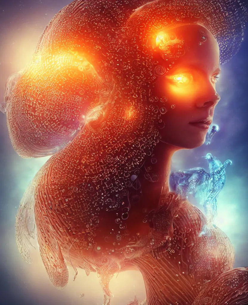 Image similar to close-up macro portrait of the face of a beautiful princess, epic angle and pose, symmetrical artwork, 3d with depth of field, blurred background, cybernetic jellyfish female face skull phoenix bird, translucent, nautilus, energy flows of water and fire. a highly detailed epic cinematic concept art CG render. made in Maya, Blender and Photoshop, octane render, excellent composition, cinematic dystopian brutalist atmosphere, dynamic dramatic cinematic lighting, aesthetic, very inspirational, arthouse. y Greg Rutkowski, Ilya Kuvshinov, WLOP, Stanley Artgerm Lau, Ruan Jia and Fenghua Zhong