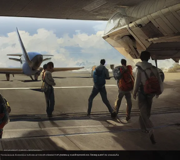 Image similar to skydivers are going to the plane, portrait, close view, painting by craig mullins, octane rendering, soft morning lighting, wide angle lens, in the style of hayao miyazaki, trending on artstation,