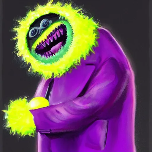 Image similar to a tennis ball monster in a purple pimp coat, digital art, fantasy, magic, chalk, trending on artstation, ultra detailed, professional illustration by basil gogos