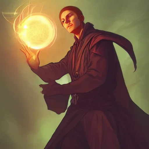 Prompt: a warlock is casting a magic spell, with magic orb floating in his hand , dynamic pose, natural lighting, medium level shot, Mucha style , Grim fantasy, illustration ,concept art,