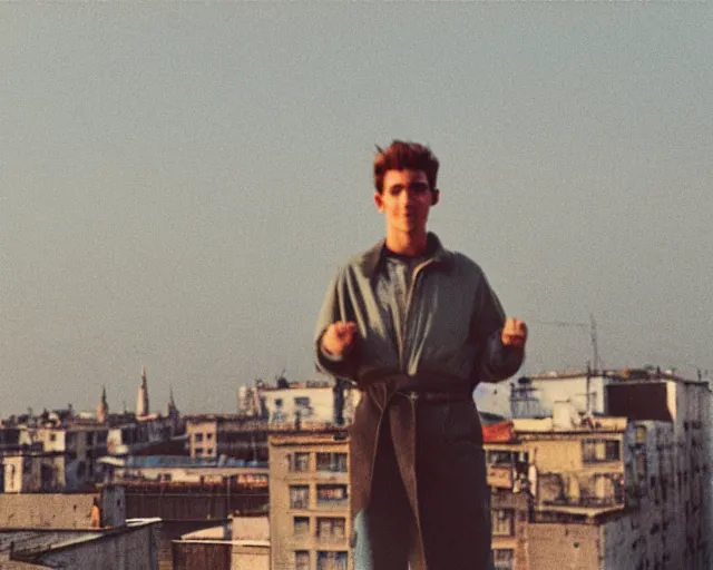 Image similar to lomo photo of man standing on the roof of soviet hrushevka, small town, cinestill, bokeh, out of focus