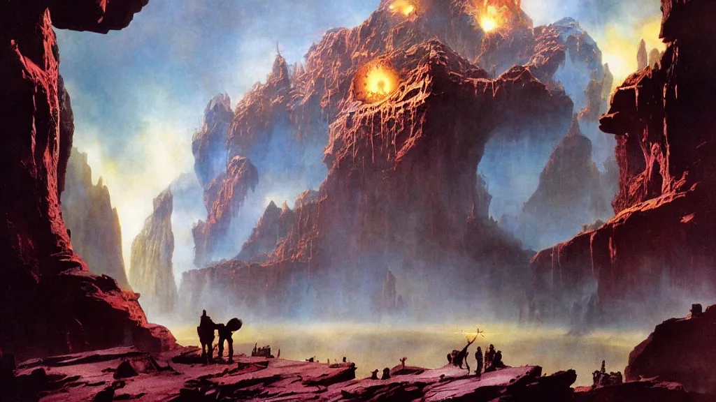 Image similar to journey to the center of the earth by frank frazetta and bruce pennington, cinematic matte painting