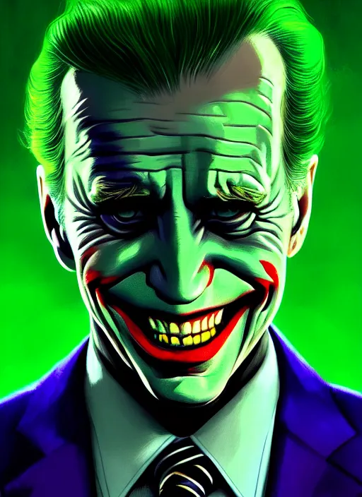 Image similar to portrait of joe biden as the joker, green hair, intricate, elegant, glowing lights, highly detailed, digital painting, artstation, concept art, sharp focus, illustration, art by wlop, mars ravelo and greg rutkowski