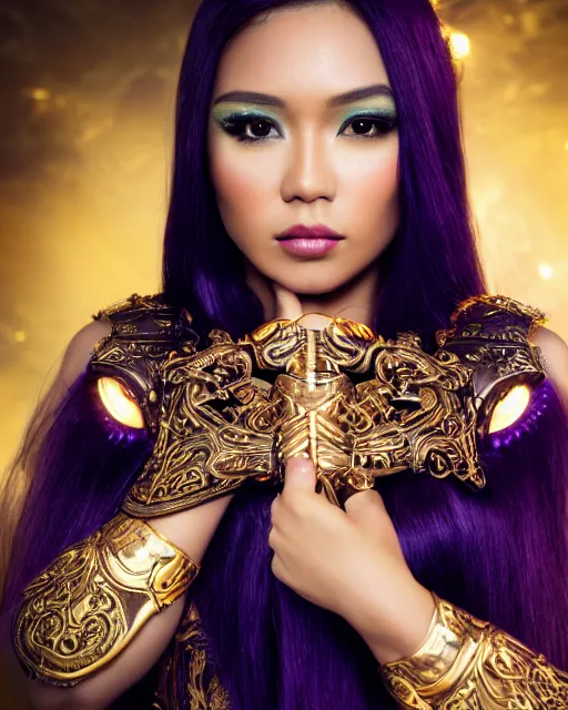 Image similar to a beautiful close up photo of a Filipina female with long hair and purple eyes, no helmet, wearing leather and gold futuristic steampunk costume , with ornate rune carvings and glowing lining, very detailed, shot in canon 50mm f/1.2