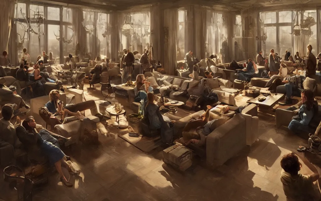 Image similar to epic masterpiece of cinematographic hyperrealism where a lot of people communicating with each other in a large lounge. realistic shaded lighting poster by craig mallismo, artgerm, jeremy lipkin and michael garmash, unreal engine, radiant light, detailed and intricate environment, digital art, art station trends