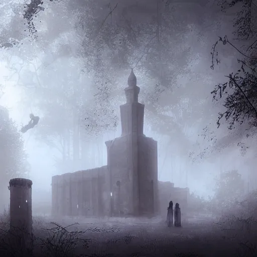 Prompt: abandoned Islamic temple in the woods, dark, moody, foggy by Marc Simonetti