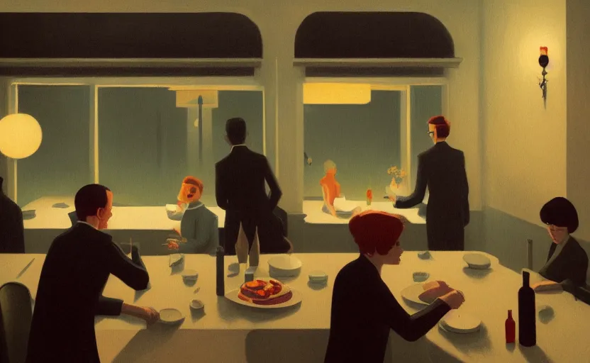 Image similar to a mysterious dimly lit dinner scene illustration by atey ghailan and escher and edward hopper, surreal