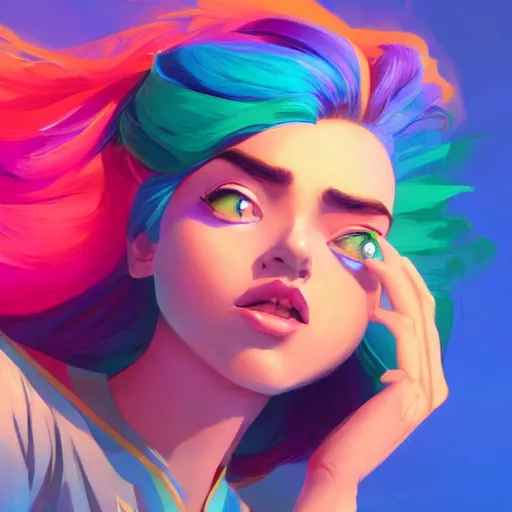 Image similar to beautiful woman with rainbow hair, maya ali mage, gloomhaven, dynamic lighting, gaudy colors, octane render aesthetic, matte painting concept art, official fanart behance hd artstation by jesper ejsing, by rhads and makoto shinkai and lois van baarle and ilya kuvshinov and rossdraws