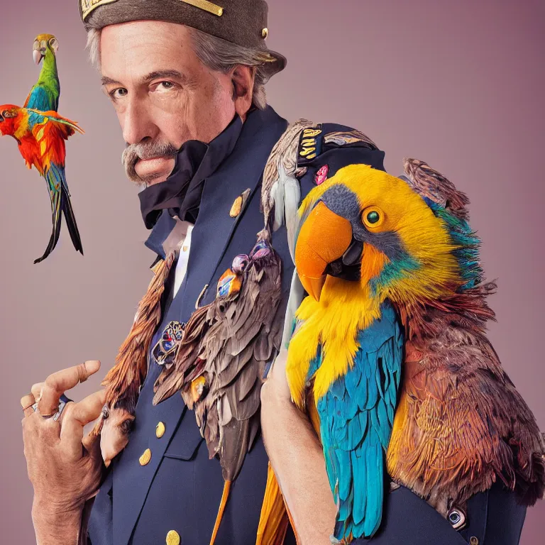 Prompt: high fashion photoshoot octane render portrait by wayne barlow and carlo crivelli and glenn fabry, a distinguished sea captain wearing a colorful wes anderson designed uniform and holding a small parrot inside a high - end exotic colorful pastel vintage boutique hotel lounge, very short depth of field, bokeh