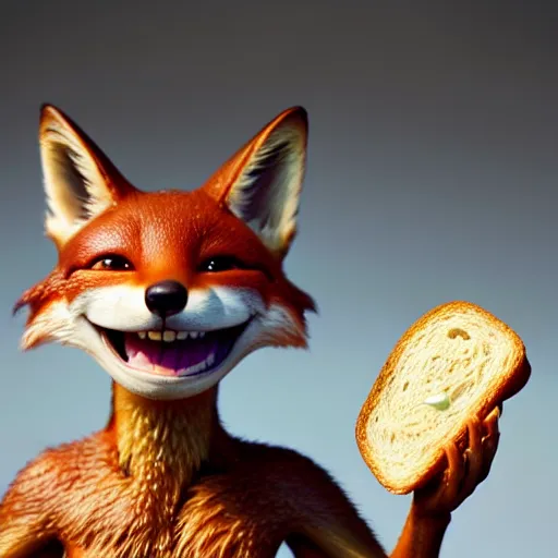 Image similar to weta disney pixar movie still macro close photo of smiling anthropomorphic fox holding on nose a bread with face : : by weta, greg rutkowski, wlop, ilya kuvshinov, rossdraws, artgerm, octane render, iridescent, bright morning, anime, liosh, mucha : :