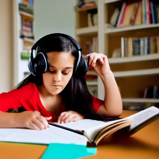 Prompt: Girl studying in her room while listening to music.