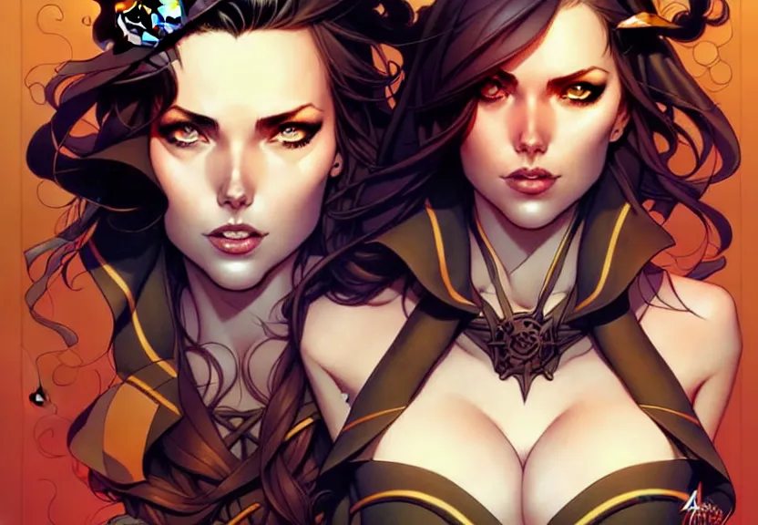 Image similar to artgerm, joshua middleton comic cover art, pretty pirate ryan ashley smiling, full body, symmetrical eyes, symmetrical face, long curly black hair, on a pirate ship background, warm colors